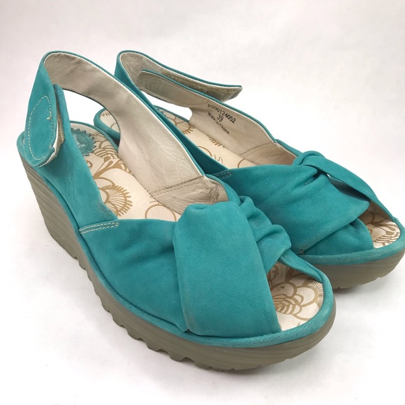 Fly London Shoes - FLY LONDON Women's 39 8-8.5 Yakin Yata Knot Teal Suede Peep Toe Sling Back Wedge